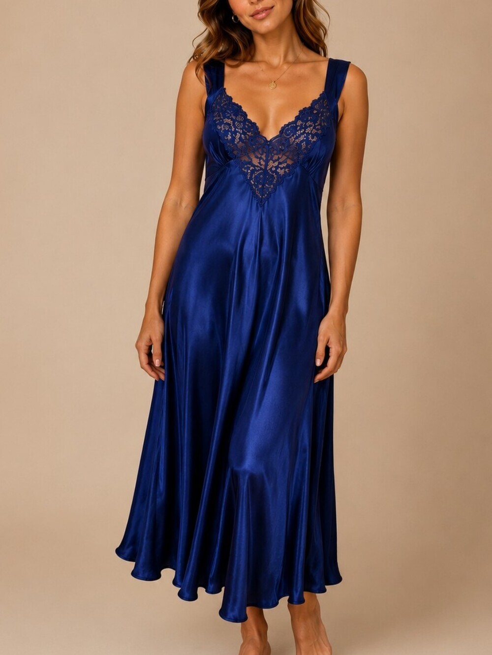 VTG QUIET MOMENTS Satin Lace Royal Blue Slip Nightgown